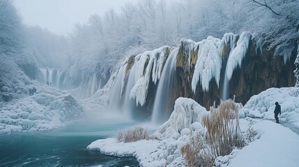 Frozen waterfall winter landscape, person walking path