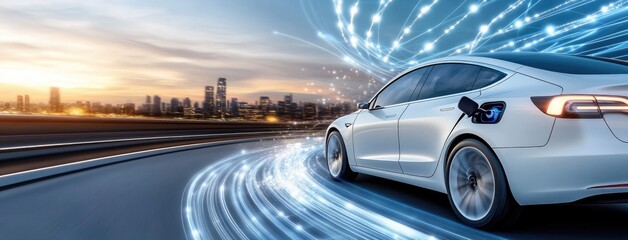 Obraz premium An electric vehicle is charging at a public station, surrounded by a vibrant urban landscape that showcases clean technology innovation