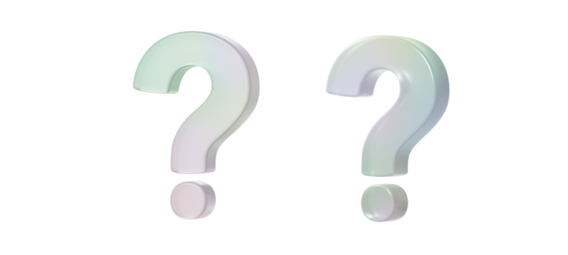 A 3D question mark featuring subtle iridescence, slight transparency, and a glossy finish