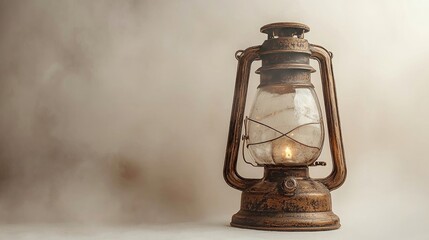 Vintage oil lantern glowing softly in a misty background, evoking nostalgia and warmth