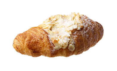 Delicious fresh croissant with almond flakes isolated on white