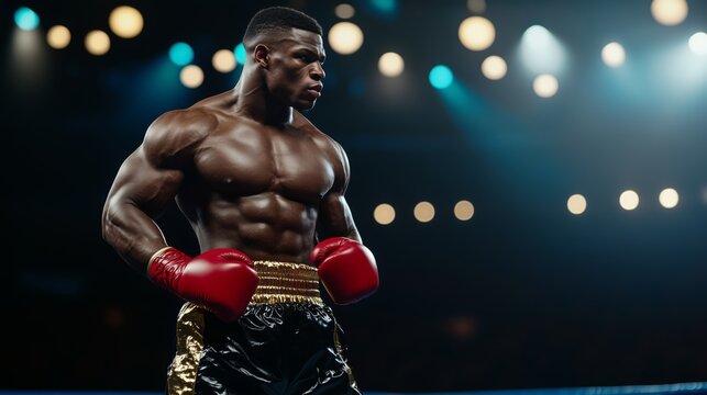 Muscular boxer wearing red gloves standing confidently in boxing ring, powerful posture highlighting athletic build under bright arena lighting
