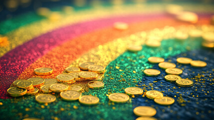 Fototapeta premium Vibrant celebration of St. Patrick's Day with golden coins and a shimmering rainbow glimmering in the background