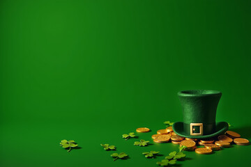 Leprechaun Hat and Gold Coins on Green Background with Shamrocks