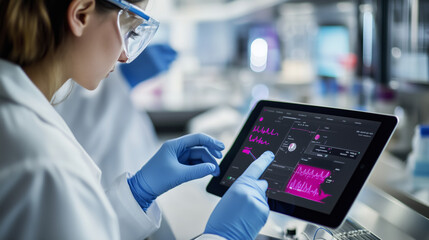 White coated scientist analyzing digital data on tablet, wearing protective gear while performing laboratory research with precision