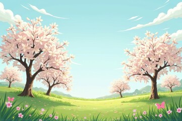 Fototapeta premium Serene spring landscape with blooming cherry blossom trees and blue sky