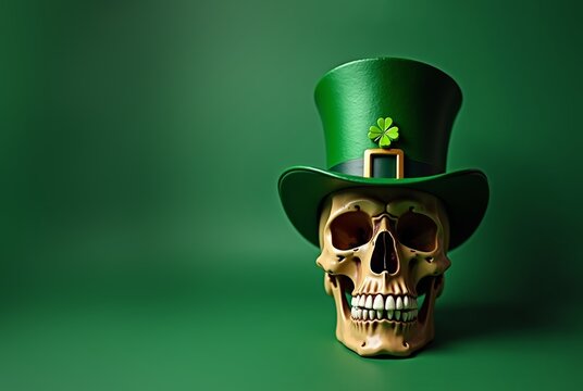 Skull Wearing St. Patrick's Day Hat with Shamrock Decoration