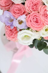 Beautiful wedding bouquet on light background, closeup. Space for text