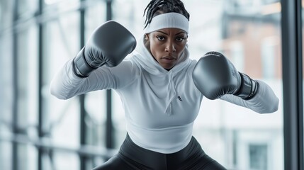 Female boxer training intently, wearing athletic gear, maintaining powerful stance in modern gym, embodying athletic intensity and strength