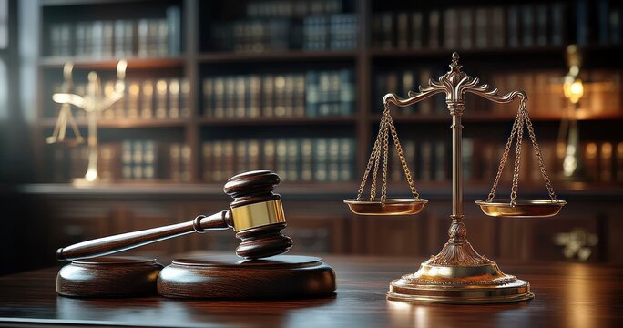 Wooden Gavel and Golden Scales of Justice on Polished Table in Dramatic Chiaroscuro with Blurred Bookshelves