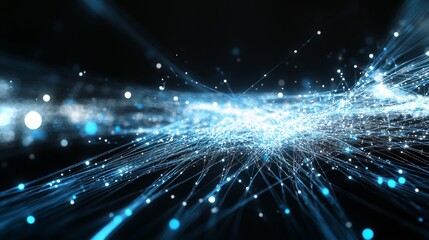 Dynamic flow of blue light particles creating an energetic digital landscape in 4K quality