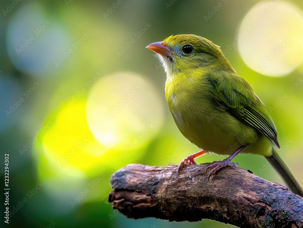 Wall mural green bird perched on branch with bokeh background in natural setting