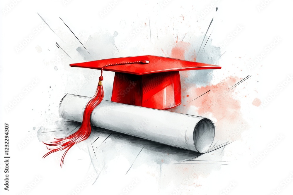 Poster a minimalist illustration of a graduation cap placed on a diploma scroll, drawn with clean lines and