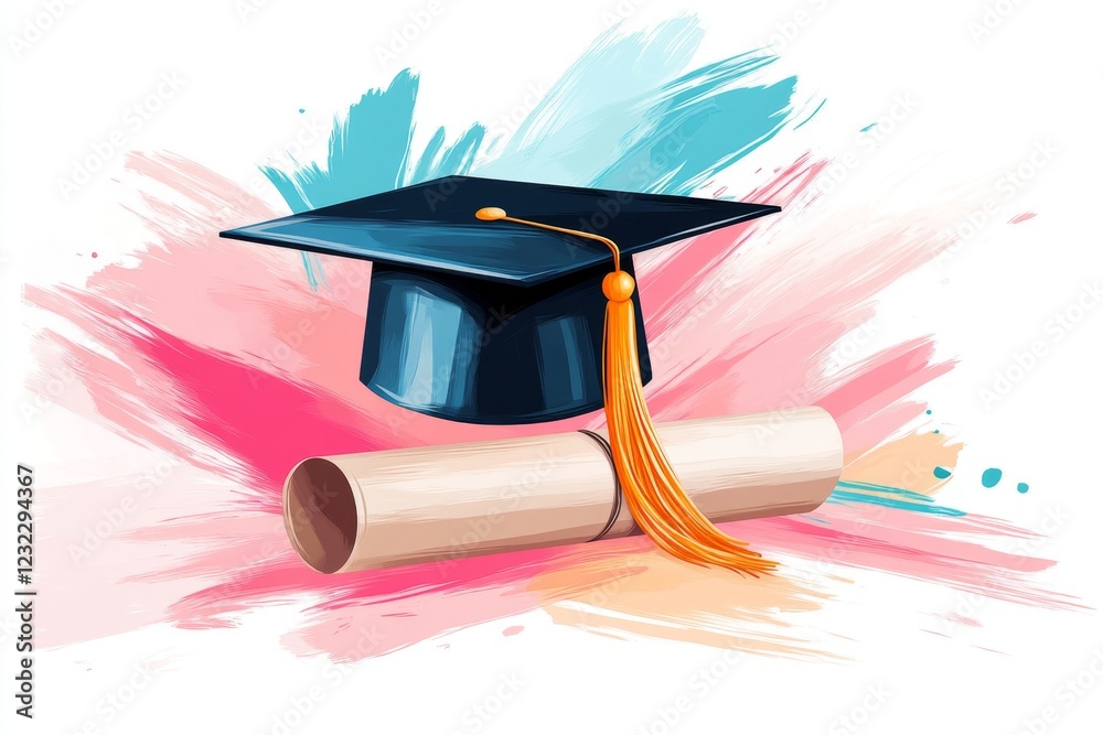 Poster a minimalist illustration of a graduation cap placed on a diploma scroll, drawn with clean lines and