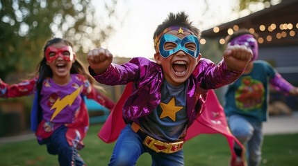 Three joyful children dressed as superheroes are enthusiastically playing in a backyard. They wear colorful masks and capes, embodying the spirit of adventure and imagination