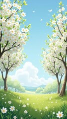 Fototapeta premium Sunny spring meadow with blooming daisy trees and blue sky