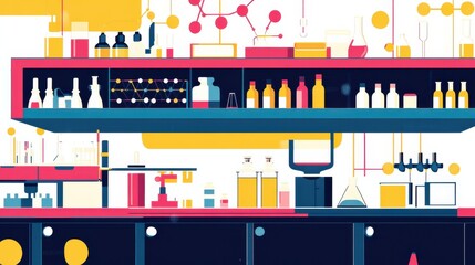 Colorful Laboratory Workspace with Equipment and Chemical Bottles