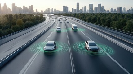 Wide view of an urban highway filled with cars and trucks surrounded by green waves showcasing smart driving tech against a city backdrop.