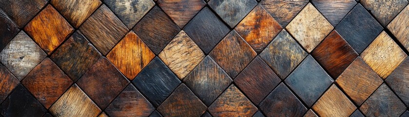 Artistic Close-Up A Wooden Mosaic Wall Featuring Intricate Geometric Patterns and Stunning Depth This high-resolution image showcases the rich textures and colors of a handcrafted wooden mosaic