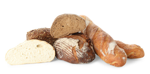 Different freshly baked bread loafs isolated on white
