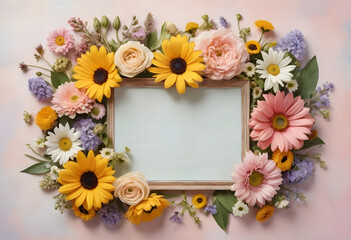 A sophisticated floral frame with vibrant spring flowers softly positioned along the edges of a pastel background, maintaining an open, airy space in the middle