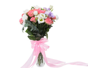 Wedding bouquet of beautiful flowers in vase isolated on white