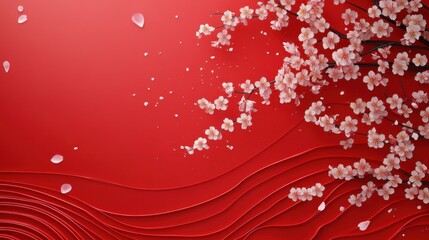 Delicate Cherry Blossom Branch on Vibrant Red Background