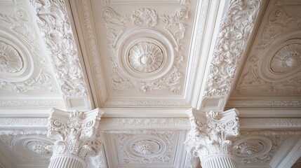 Obraz premium Elegant White Architectural Ceiling with Intricate Plasterwork and Columns