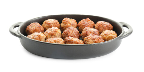 Tasty meatballs in baking dish isolated on white