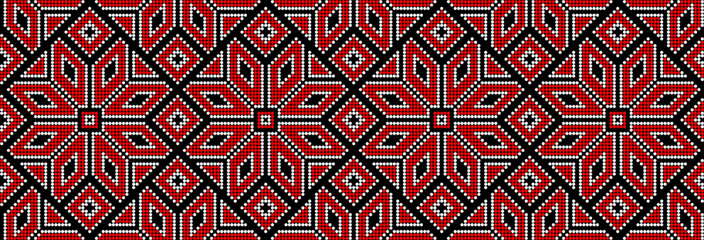 Vector illustration of Ukrainian ornament in ethnic style, identity, vyshyvanka, embroidery for print clothes, websites, banners. Background. Geometric design, border, copy space, frame
