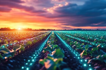 Smart agriculture fields with digital crops glowing under a neon sky.