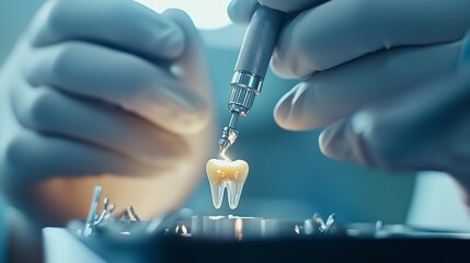 Close up of dental professional wearing sterile gloves, examining tooth model with specialized instruments, highlighting meticulous dental care and clinical expertise