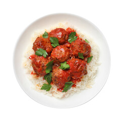 Delicious meatballs with rice, sauce and parsley isolated on white, top view