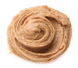 Sample of tasty nut butter isolated on white, top view