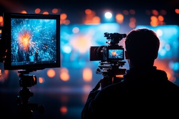 A photographer capturing a moment in a studio, surrounded by lights, cameras, and backdrops