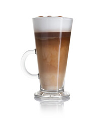Tasty latte macchiato in glass cup isolated on white