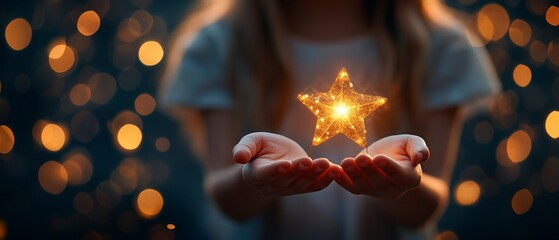 A person holds a glowing star in their hands, surrounded by a dreamy bokeh effect, creating a magical and enchanting atmosphere.
