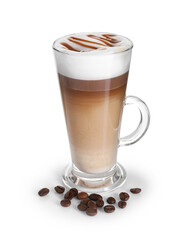 Tasty latte macchiato in glass cup and coffee beans isolated on white