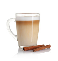 Tasty latte macchiato in glass cup and cinnamon isolated on white