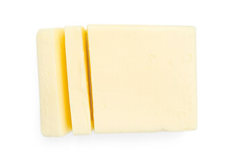 Cut tasty butter isolated on white, top view