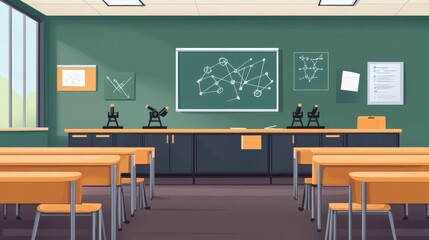 Classroom Interior with Chalkboard and Scientific Equipment Display