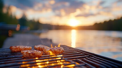 Sizzling summer grill by the lakeside at sunset with smoky flavors