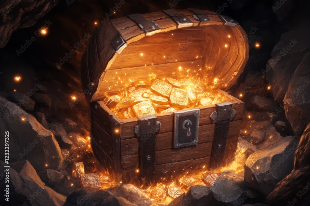 Poster a pixel art depiction of a glowing treasure chest in a dungeon, with sparkles and light beams emanat