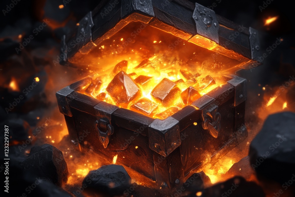 Poster a pixel art depiction of a glowing treasure chest in a dungeon, with sparkles and light beams emanat