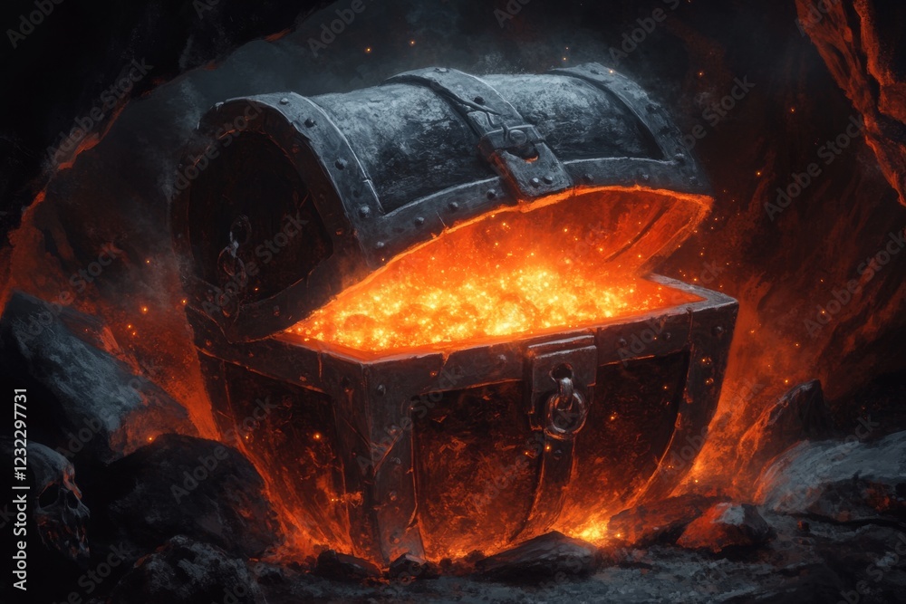Poster a pixel art scene of a vibrant, glowing treasure chest in a dark dungeon, with small sparkles emanat