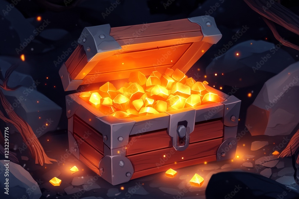 Poster a pixel art scene of a vibrant, glowing treasure chest in a dark dungeon, with small sparkles emanat