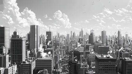Black and White Cityscape with Tall Buildings and Cloudy Sky View
