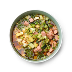 Delicious okroshka soup with kvass isolated on white, top view