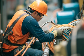 Construction worker handling multiple colored cables outdoors.