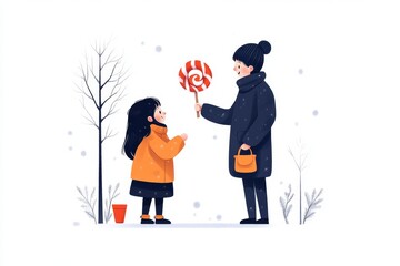 A playful 2D illustration of a child holding a giant lollipop, convincing their parent with pleading eyes on a white background
